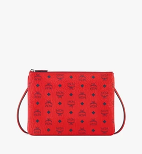 New MCM Logo Aren Crossbody Pouch clutch Medium Bag in Visetos Candy Red - Picture 1 of 16