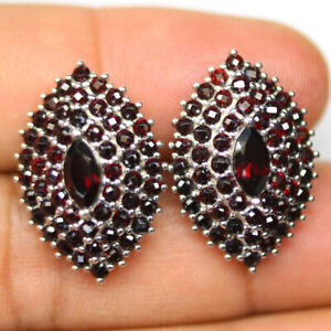 NATURAL DEEP RED GARNET & WHITE CZ EARRINGS 925 SILVER WHITE GOLD PLATED