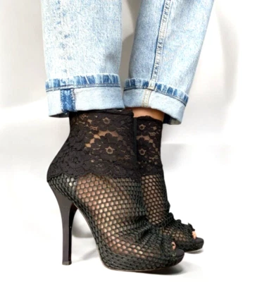 Botines DOLCE & GABBANA negros de encaje y malla punta abierta, talla 38 Foto 1 de 4