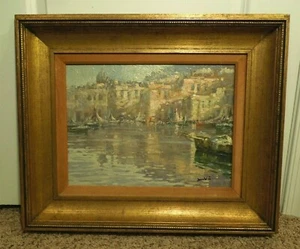 Vintage Docked Boats Seaside Port City  Impressionism Painting Framed Signed - Picture 1 of 12