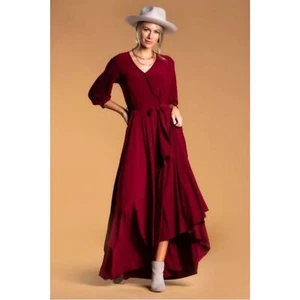 Brigitte Brianna Grey Wrap Maxi Dress Modest Spandex Comfy Long Boho Dress SZ L - Picture 1 of 12
