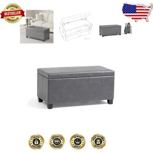 Versatile Storage Ottoman Bench in Stone Grey Faux Leather - 36" Wide Design - Picture 1 of 14