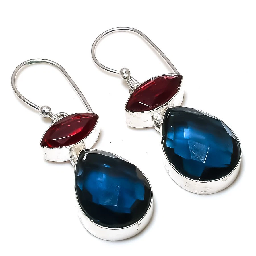 Iolite Quartz, Garnet Gemstone 925 Silver Jewelry Earring 1.81" R-6172 - Image 1 of 1