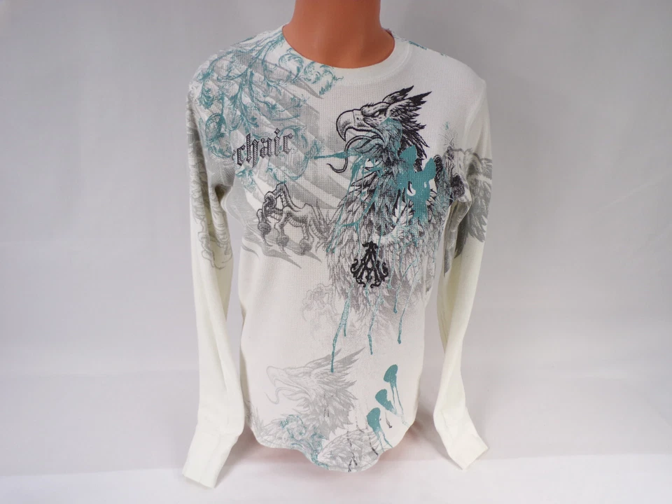 Camisa Arcaica De Colección EE. UU. Hombres Mujeres S/M Dragón Gótico Algodón LS Crema Turquesa B24 Foto 1 de 4