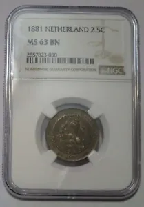 Netherlands 1881 2 1/2 Cent, KM#108.1 NGC MS-63 BN - Picture 1 of 2