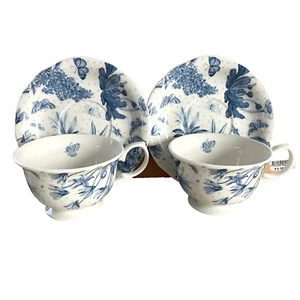 Portmeirion Brand BOTANIC BLUE 2 Tea Cup Saucer Sets Blue White Floral Butterfly - Picture 1 of 18