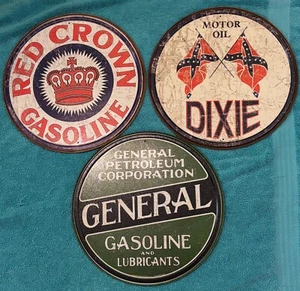 Red Crown Gas, General Gas & Dixie Oil * Retro Round Metal Tin Sign Sign Lot * - Picture 1 of 5