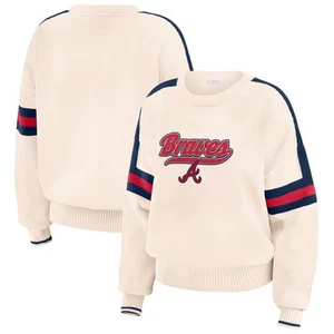 Women's WEAR by Erin Andrews  Cream Atlanta Braves Stripe Pullover Sweater - Picture 1 of 4