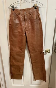 Vtg NEW 90s Tan Leather Pants Women Sz 6 25x32 Unhemmed Straight Leg Hi Rise USA - Picture 1 of 21