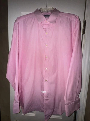 DKNY 男式正装衬衫,修身版型 16.5 32/33,红色和白色条纹  — 第 1/4 张图片