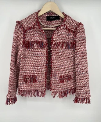 Chaqueta Blazer ZARA Rojo Tweed Para Mujer Talla Mediana Deshilachada Flecos Borde Foto 1 de 3