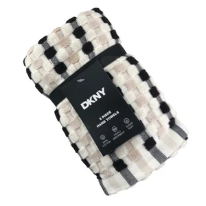New DKNY 2 Pc Hand Towels Black Beige Ivory Pebbled Gingham - Picture 1 of 4