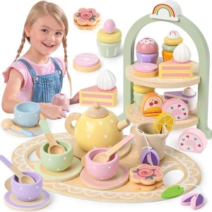 Wooden Tea Party Set for Little Girls Toddler Tea Set with Cupcake Stand & Fo... - Picture 1 of 7