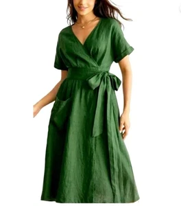 Grae Cove smaragdgrün Leinen Midi Wickel Kurzarm Kleid mit Taschen Größe L gebraucht, in einwandfreiem Zustand - Bild 1 von 3