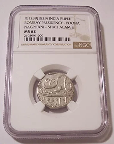 India Bombay Presidency Poona Nagphani Shah Alam II Silver Rupee MS62 NGC Cover