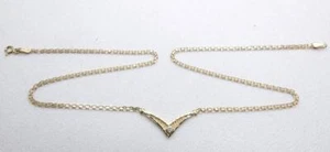 14K Yellow GOLD Diamond V Style Solitaire Necklace Unique 16" Inch 3.8 Grams - Picture 1 of 8