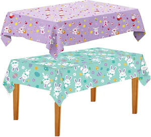 2-Pack Easter Tablecloths - 54x108 Inch Plastic Disposable Decor w/ Eggs & Flowe - Picture 1 of 7