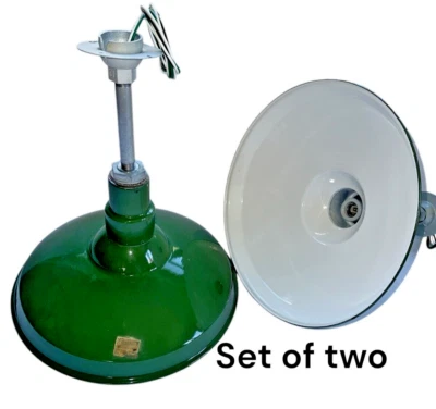 PAIR 1940's  Quad 16 Porcelain Green Barn Industrial Warehouse Light Vintage - Image 1 of 4