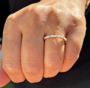 Round And Baguettes Cut CVD Diamond Band 14k Solid Yellow Gold Minimalist 0.30ct - Picture 1 of 11