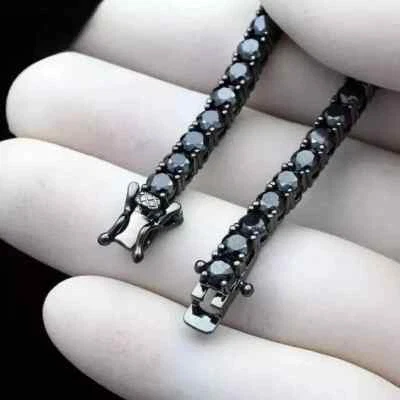 3MM Round Lab Created Black Diamond Men Tennis Bracelet 14K Black Gold Plated 8" - Image 1 of 4