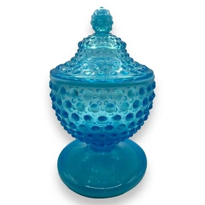 Plato de caramelo FENTON Hobnail opalescente AZUL con patas y tapa perfecto de colección - Imagen 1 de 11
