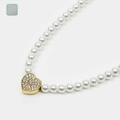 Collana con ciondolo a cuore da donna perle zirconi in acciaio inossidabile - Immagine 1 di 3