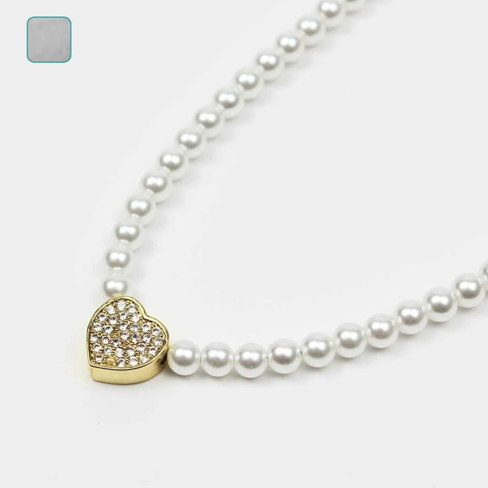 Collana con ciondolo a cuore da donna perle zirconi in acciaio inossidabile - Immagine 1 di 3