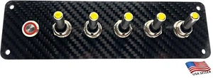 12V Carbon Fiber 5 Toggle Switch Panel W/SILVER Push- YELLOW LED Toggle Switches - Picture 1 of 9