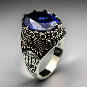 Men's Gemstone Ring 925 Sterling Silver Jewelry Blue Zircon All Size - Picture 1 of 8