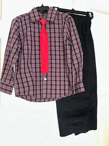 BOYS' VAN HEUSEN 3-PIECE SET - red black grey PLAID SHIRT PANTS TIE size 5 EUC - Picture 1 of 3