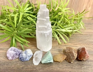4" Selenit Turm Chakra Stein Set Personal Kit Therapie Steine Reinigen Aufladen - Bild 1 von 8