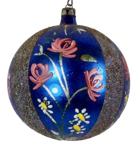 Christmas Ball Blown Glass Blue Pink Flowers Mica Glitter Jumbo Fantasia #1271 - Picture 1 of 11