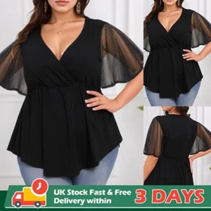 UK Plus Size Women Sheer Mesh Glitter Tops Frill Sleeve Party T-Shirt Blouse Tee - Picture 1 of 15