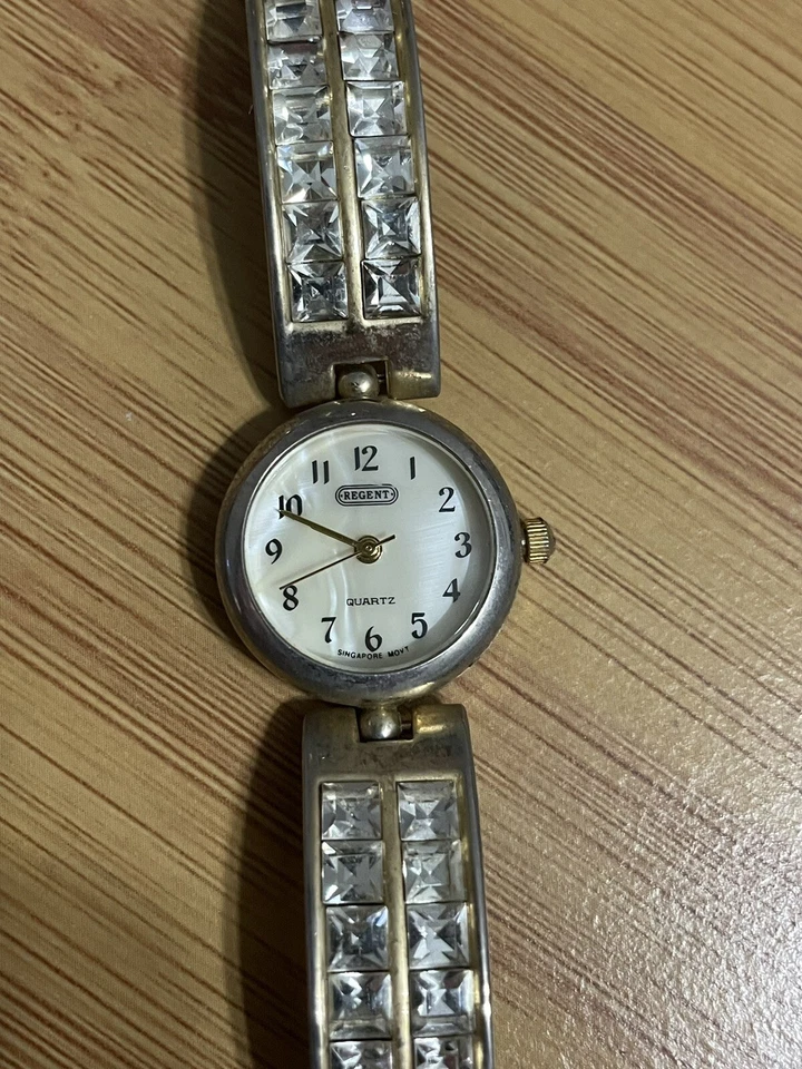Vintage Regent Watch Womens Silver Tone Mother Of Pearl Dial & Bejeweled Band!! - Image 1 of 4