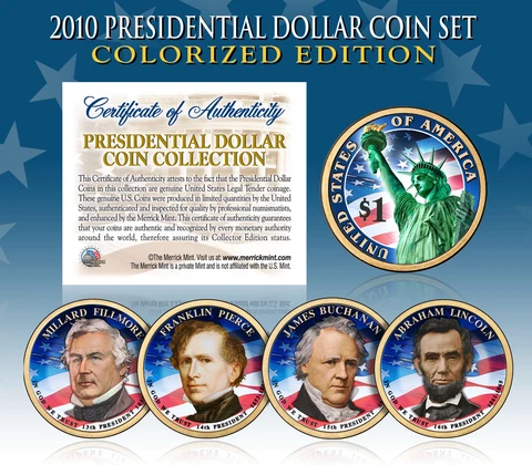 2010 Presidential $1 Dollar COLORIZED President 4-Coin Complete Set w/Capsules Cover