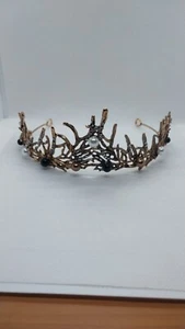 Brass Leaves Black & White Crystal Adult Tiara Prom Queen Goth 👸 - Picture 1 of 5