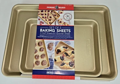NORDIC WARE 3-Piece Gold Aluminum Baking Sheet Set (2 Half + 1 Quarter) USA Made - Image 1 of 4
