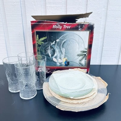 Arcoroc Holly Tree 12 Pc Dinnerware Set Vintage Clear Glass Dinner Plate Salad - Image 1 of 3
