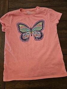 The Children’s Place Girls Butterly Print Glitter T-shirt Peach Size L 10/12 - Picture 1 of 3