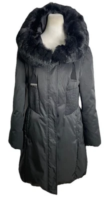 Elie Tahari Long Down Black Winter Hooded Fur Trim Puffer Coat Jacket Large - Image 1 of 4