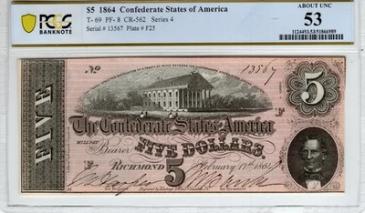 T-69 PF-8 1864 $5 Confederate Paper Money - PCGS-B About Uncirculated 53 - Image 1 of 2