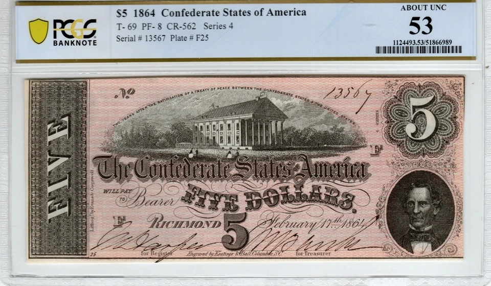T-69 PF-8 1864 $5 Confederate Paper Money - PCGS-B About Uncirculated 53 - Image 1 of 2