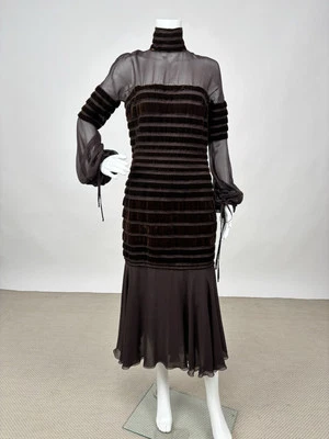 Vintage 1980s Gianfranco Ferre Brown Silk Chiffon & Velvet Ribbon Couture Gown - Image 1 of 4