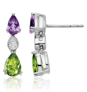 14K Solid White Gold Amethyst Peridot Diamond Dangle Earrings - Picture 1 of 11