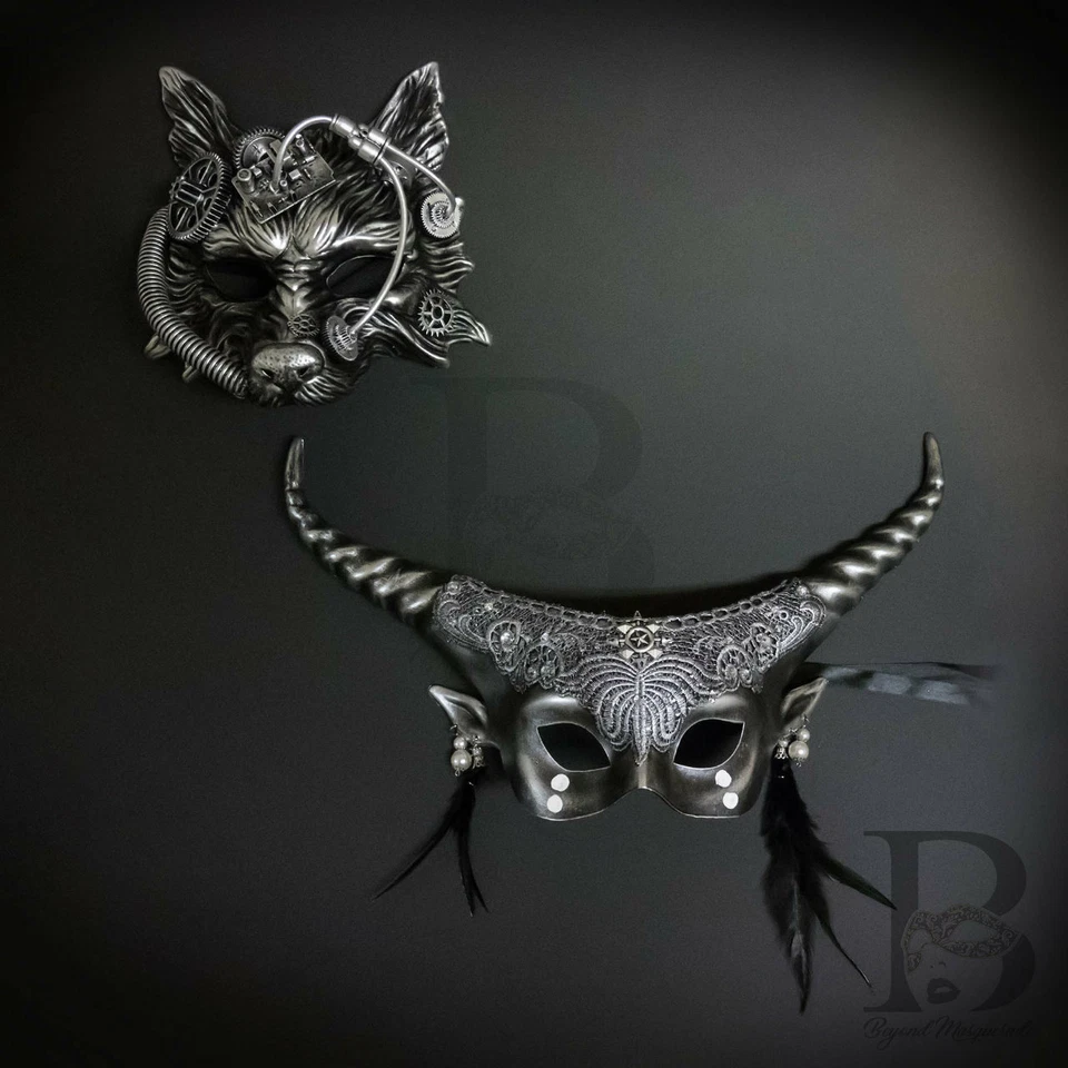 Couple's Masquerade Masks | Silver Masquerade Masks Ethereal Ram Mask - Image 1 of 4