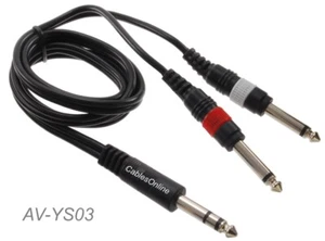 3ft 1/4" TRS Stereo Male Plug to 2 1/4" TS Mono Plug Cable, CablesOnline AV-YS03 - Picture 1 of 1
