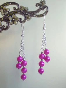 Pretty Cerise Hot Pink Glass Pearl Dangly Chain Silver Plated Drop Earrings - Picture 1 of 6