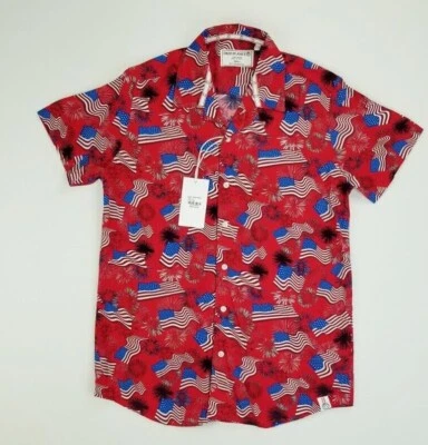 Free Planet Small Stars and Stripes Red American Flag Fireworks Mens Rayon Shirt - Image 1 of 4