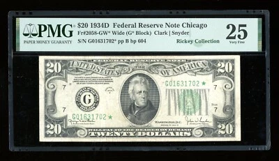 DBR 1934-D $20 Chicago Wide STAR Fr. 2058-Gw* PMG 25 Serial G01631702* - Image 1 of 2