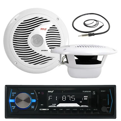 PLMRB29B Black USB AUX AM FM Boat Receiver, Antenna, 6.5" 120W Marine Speakers - Image 1 of 4